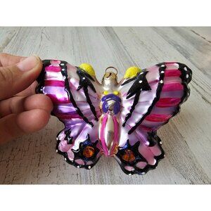 Vintage radko purple pink butterfly glass ornament insect Xmas tree pink sparkle